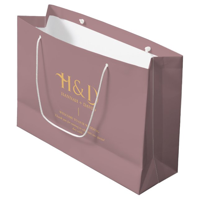 Dusty Rose & Gold Monogram Wedding Welcome Guest  Large Gift Bag (Front Angled)