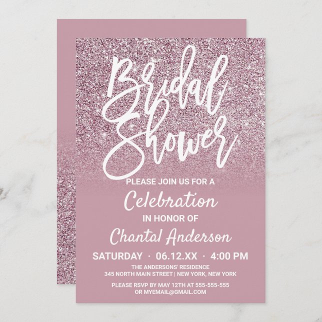 Dusty Rose Gold Pink Glitter Ombre Bridal Shower Invitation (Front/Back)