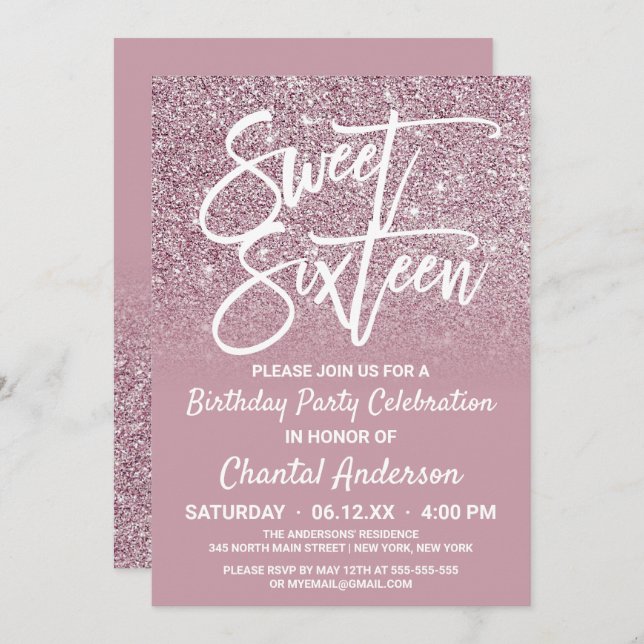 Dusty Rose Gold Pink Glitter Ombre Sweet Sixteen Invitation (Front/Back)