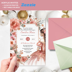 Dusty Rose Gold Quinceañera Dress Floral Quince Acrylic Invitations