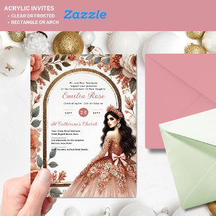 Dusty Rose Gold Quinceañera Dress Floral Quince Acrylic Invitations