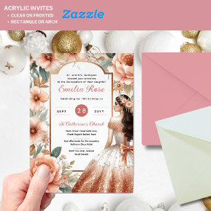 Dusty Rose Gold Quinceañera Dress Floral Quince Acrylic Invitations