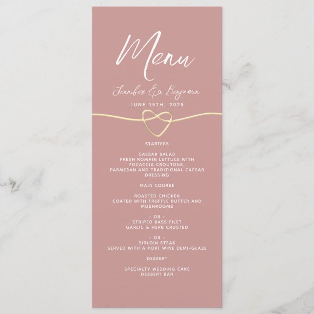 Dusty Rose Gold Rope Heart Wedding Menu (Front)