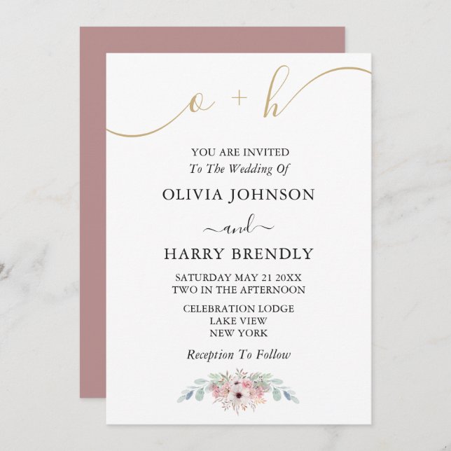 Dusty Rose Gold Rustic Eucalyptus Wedding Invite (Front/Back)