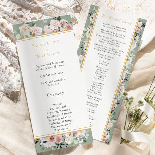 Dusty Rose Gold Sage Green Simple Wedding Programme