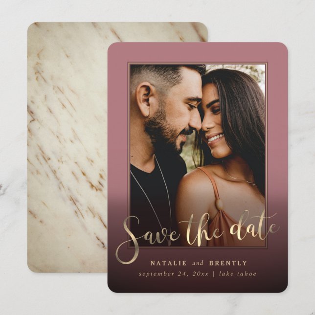 Dusty Rose Gold Script & Marble Photo Overlay Save The Date (Front/Back)