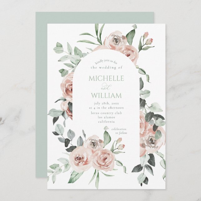 Dusty Rose Greenery Floral Delicate Wedding  Invitation (Front/Back)