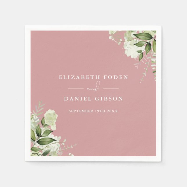 Dusty Rose Greenery Floral Elegant Names Date Napkin (Front)