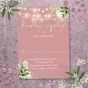 Dusty Rose Greenery Floral String Lights Wedding RSVP Card
