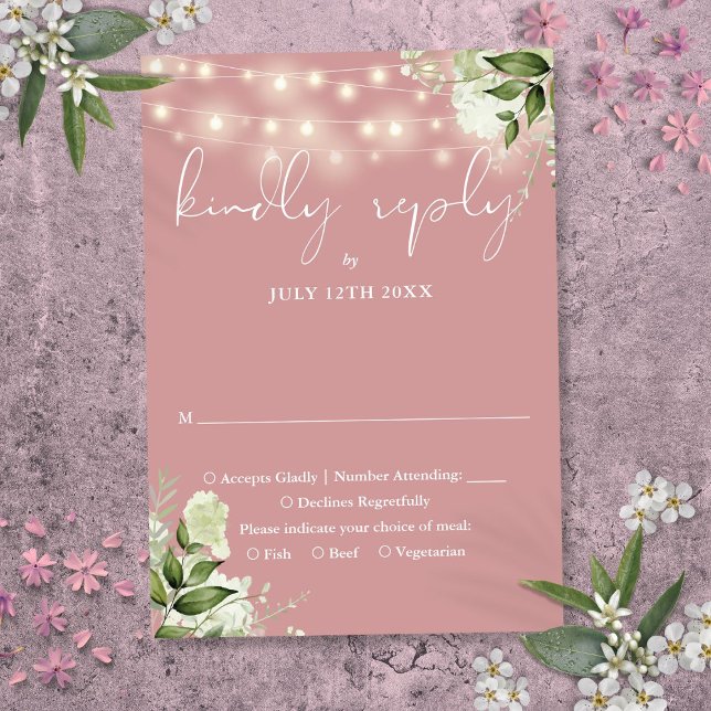 Dusty Rose Greenery Floral String Lights Wedding RSVP Card (Dusty Rose Greenery Floral String Lights Wedding RSVP Card)