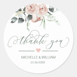 Dusty Rose Greenery Floral Wedding Thank You Classic Round Sticker