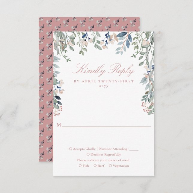 Dusty Rose Greenery Floral Wildflowers Wedding RSVP Card (Front/Back)