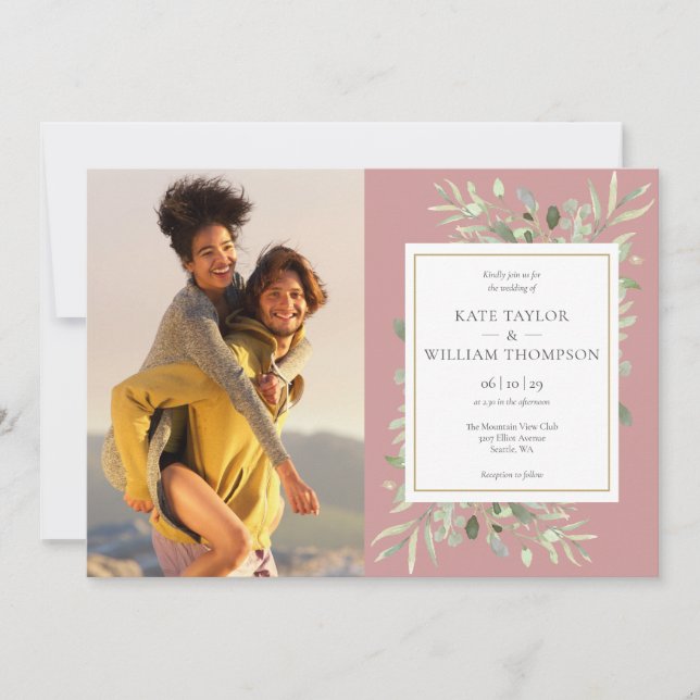 Dusty Rose Greenery Leaves Photo Wedding Invitation (Front)