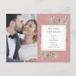 Dusty Rose Greenery Photo Wedding Announcement Postcard