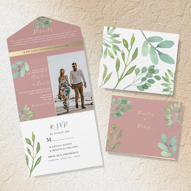 Dusty Rose Greenery Wedding All In One Invitation (Creator Uploaded)