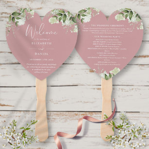Dusty Rose Greenery Wedding Program Heart Hand Fan