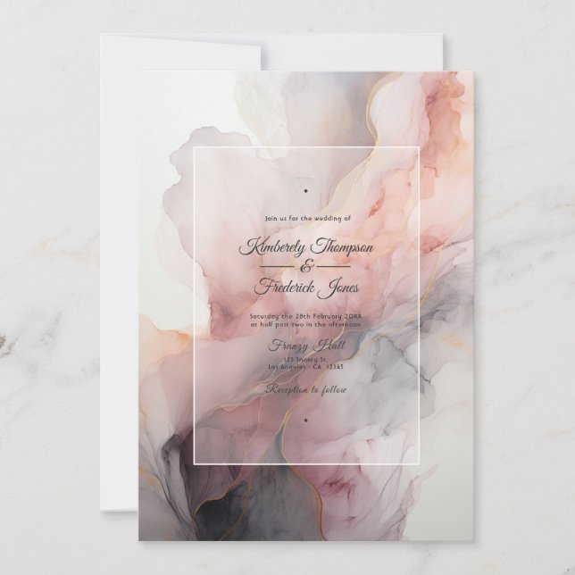 Dusty Rose, Grey, and Silver Ink Wedding Invitation (Front)
