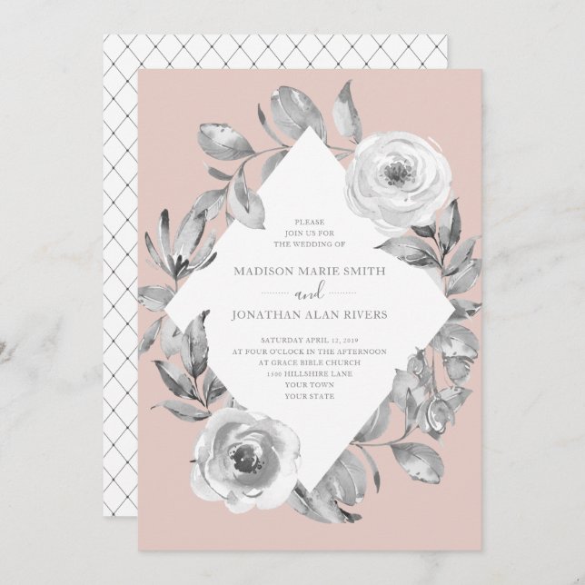 Dusty Rose Grey Floral Diamond Wedding Invitation (Front/Back)