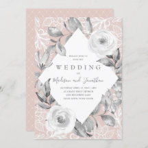 Dusty Rose Grey Floral Lace Wedding Invitation
