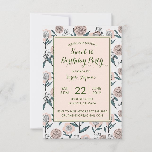 Dusty Rose Hand Drawn Floral Sweet 16 Birthday Invitation (Front)