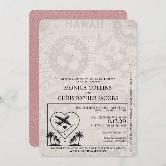 Dusty Rose Hawaii Passport Wedding Invitation (Front/Back)