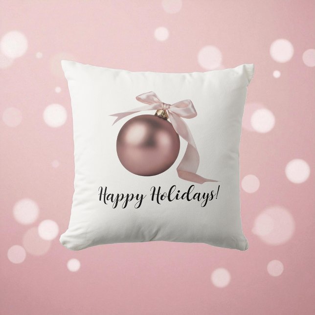 DUSTY ROSE HOLIDAY ORNAMENT THROW PILLOW (Soft dusty-rose holiday pillow to bring a gentle, cozy touch to your seasonal home décor.)