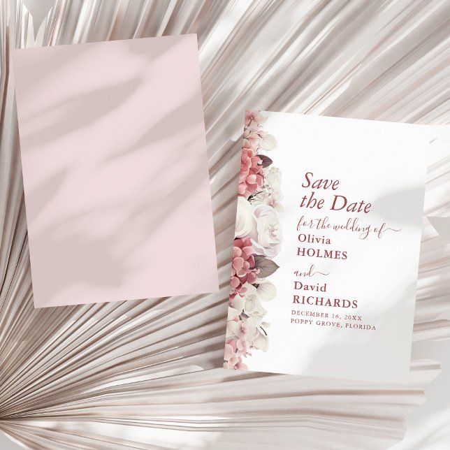 Dusty Rose Hydrangea Floral Save the Date (Boho Chic Dusty Rose Hydrangea Wedding Save The Date on a sunny neutral dry palm leaf.)