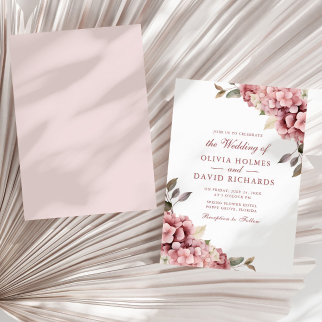Dusty Rose Hydrangea Wedding Invitation Card (Dusty Rose Elegant Hydrangea Wedding Invitation on a sunny neutral dry palm leaf.)