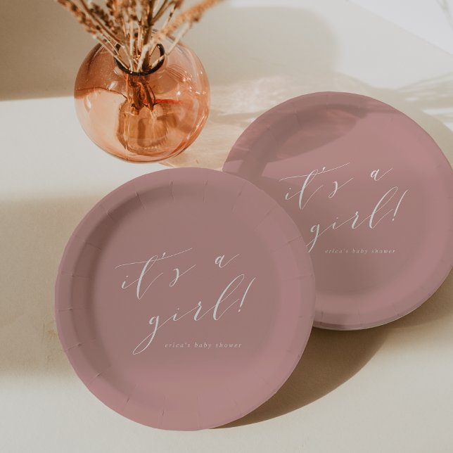 Dusty Rose "It's a Girl" Calligraphy Baby Shower Paper Plate (Creator Uploaded)