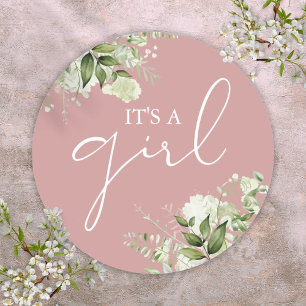 Dusty Rose Its A Girl Greenery Baby Shower Favour Classic Round Sticker