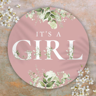 Dusty Rose Its A Girl Greenery Floral Baby Shower Classic Round Sticker