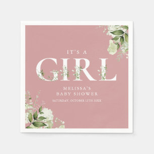 Dusty Rose Its A Girl Greenery Letter Baby Shower Napkin