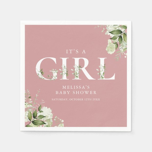 Dusty Rose Its A Girl Greenery Letter Baby Shower Napkin (Front)
