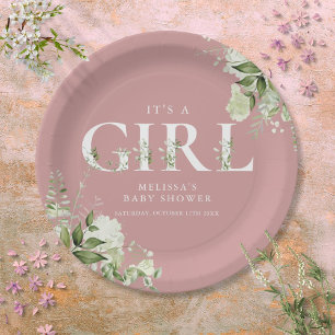 Dusty Rose Its A Girl Greenery Letter Baby Shower Paper Plate