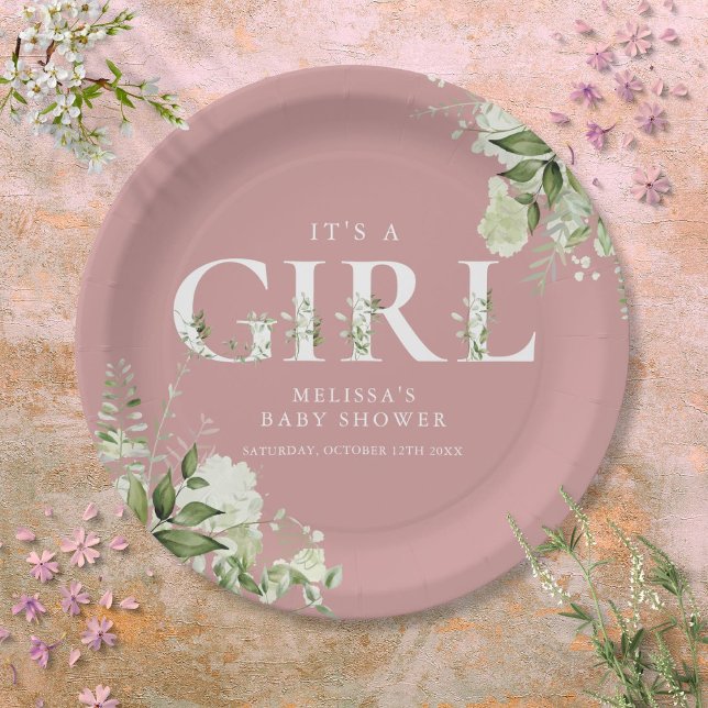 Dusty Rose Its A Girl Greenery Letter Baby Shower Paper Plate (Dusty Rose Its A Girl Greenery Letter Baby Shower Paper Plates)