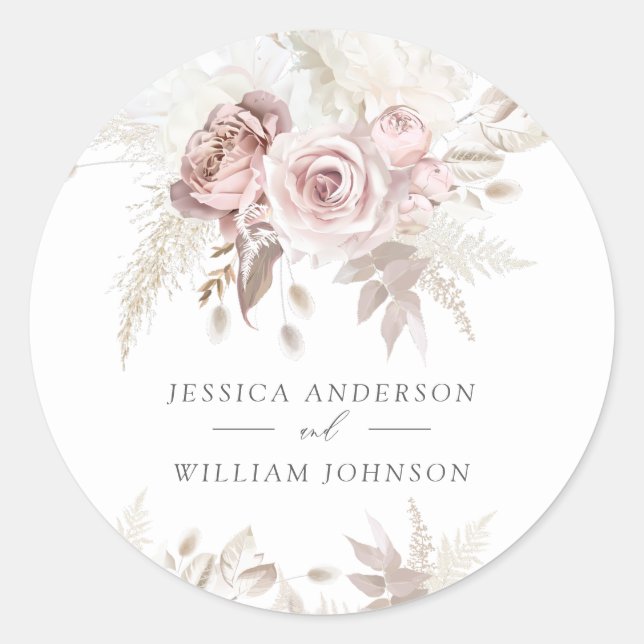 Dusty Rose & Ivory Floral Beautiful Wedding Large Classic Round Sticker (Front)