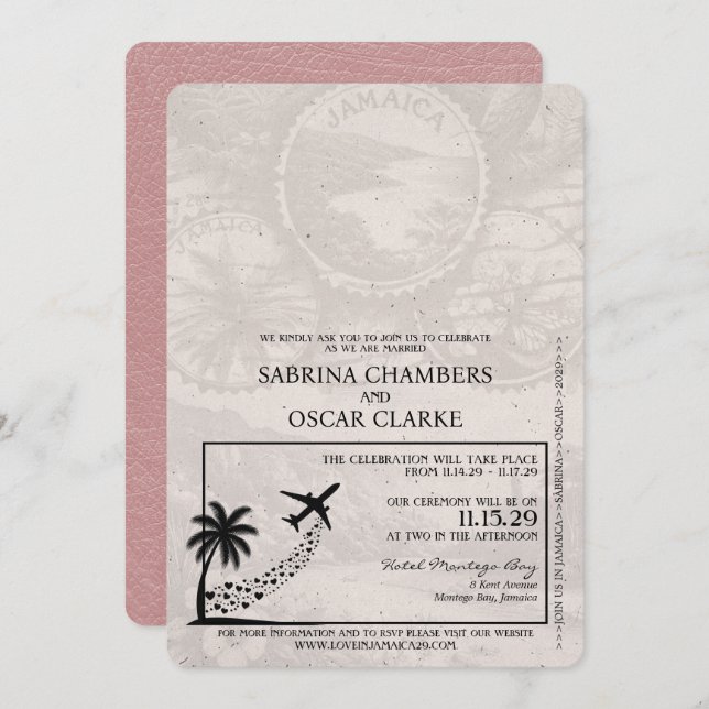 Dusty Rose Jamaica Passport Wedding Invitation (Front/Back)