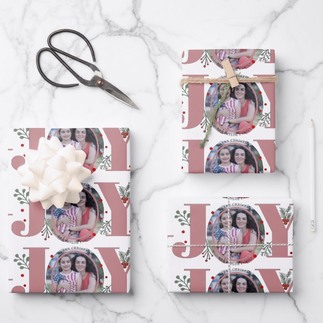 Dusty rose Joy and berries Christmas holiday photo Wrapping Paper Sheet (Front)