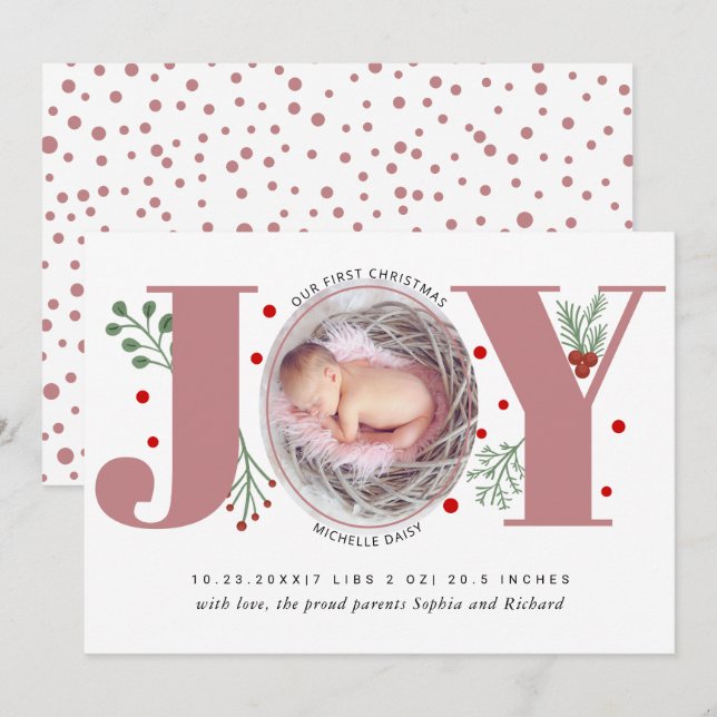 Dusty rose Joy First Christmas photo baby birth Announcement (Front/Back)