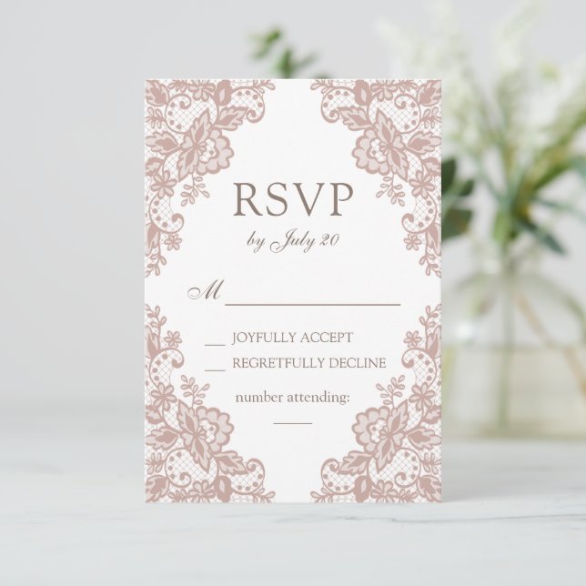 Dusty rose lace wedding rsvp card  (Standing Front)