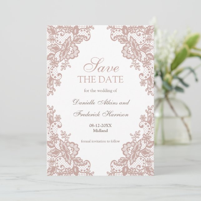 Dusty rose lace wedding save the date card (Standing Front)
