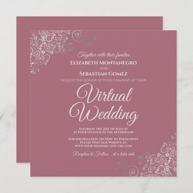 Dusty Rose & Lacy Silver Elegant Virtual Wedding Invitation (Front/Back)