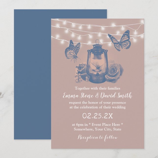 Dusty Rose Lantern & Butterflies Rustic Wedding Invitation (Front/Back)