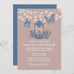 Dusty Rose Lantern & Butterflies Rustic Wedding Invitation