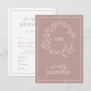 Dusty Rose Leafy Crest Monogram Wedding RSVP Card