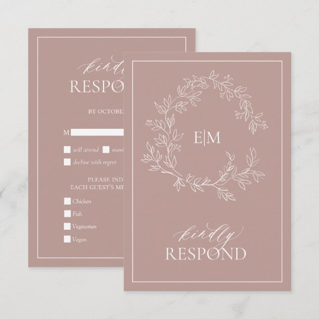 Dusty Rose Leafy Crest Monogram Wedding RSVP Card (Front/Back)