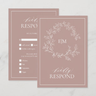 Dusty Rose Leafy Crest Monogram Wedding RSVP Card