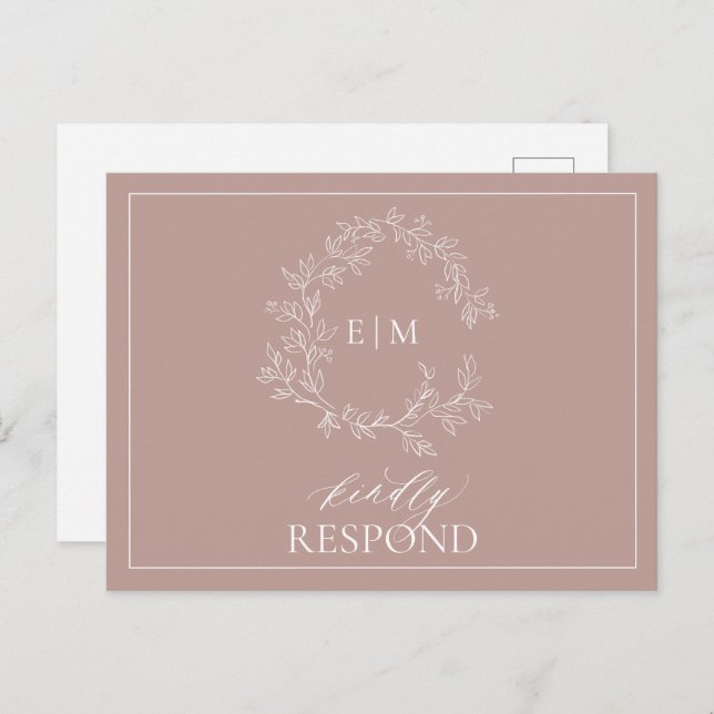Dusty Rose Leafy Crest Monogram Wedding RSVP Invitation Postcard (Front/Back)