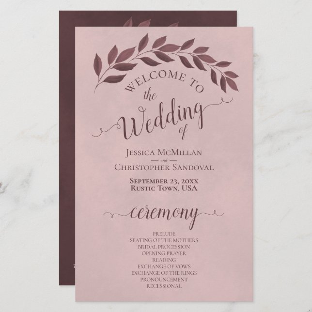 Dusty Rose Leaves Elegant Budget Wedding Program (Front/Back)