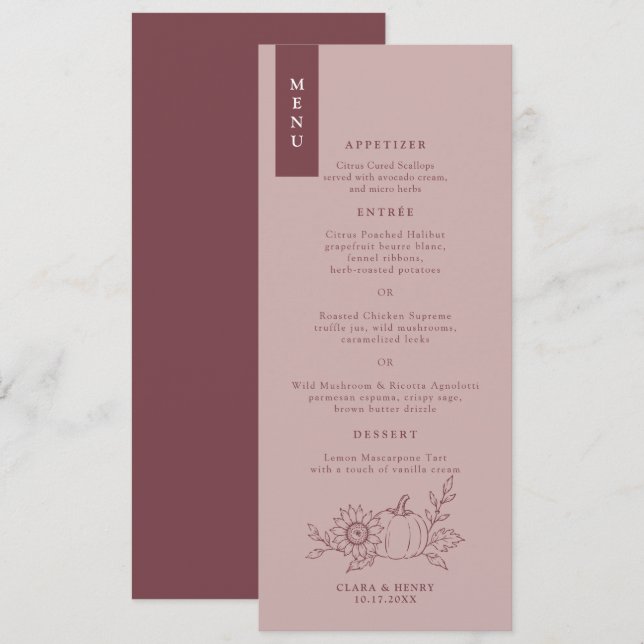 Dusty Rose Long Tea Length Pumpkin Wedding Menu Invitation (Front/Back)